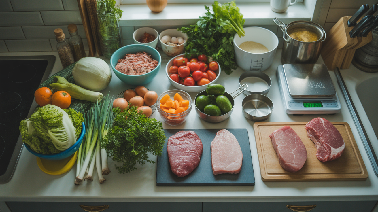 Ingrédients et portions organisés sur plan de travail pour calculer les quantités nécessaires