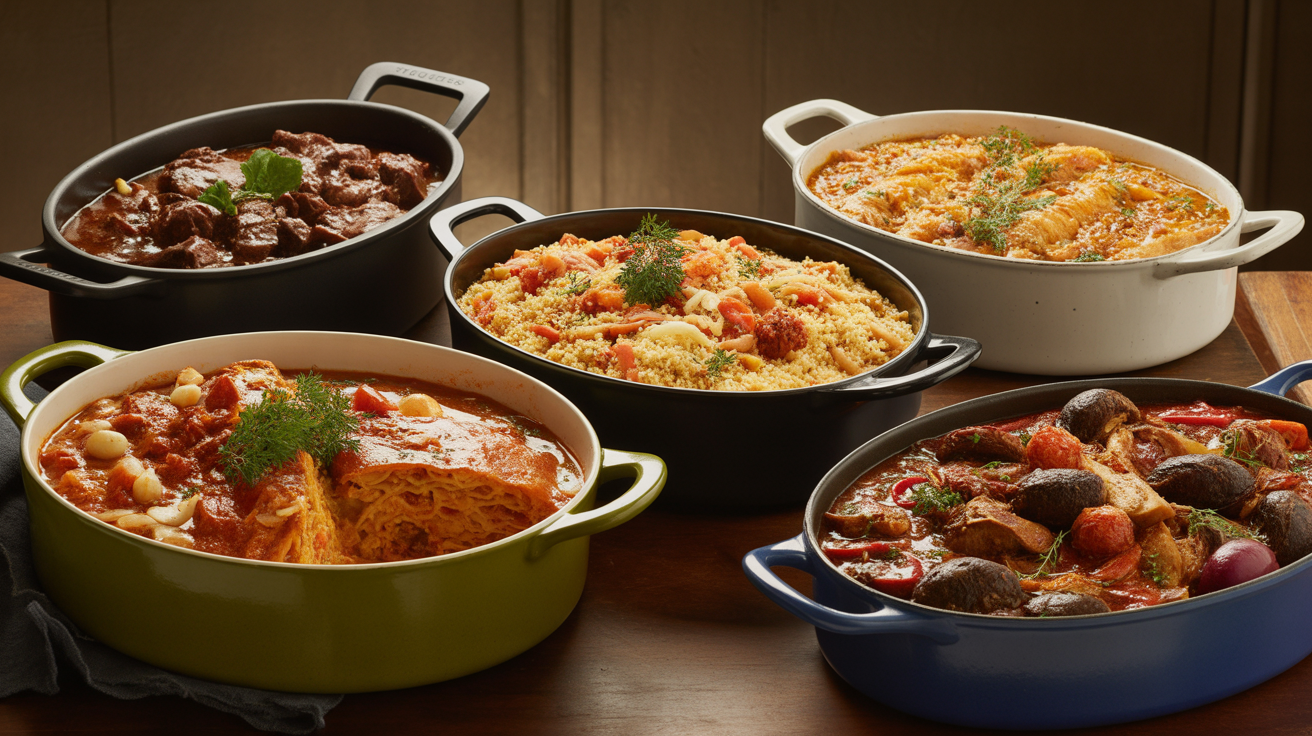 Cinq plats principaux préparés dans leurs plats de service, prêts pour 12 personnes